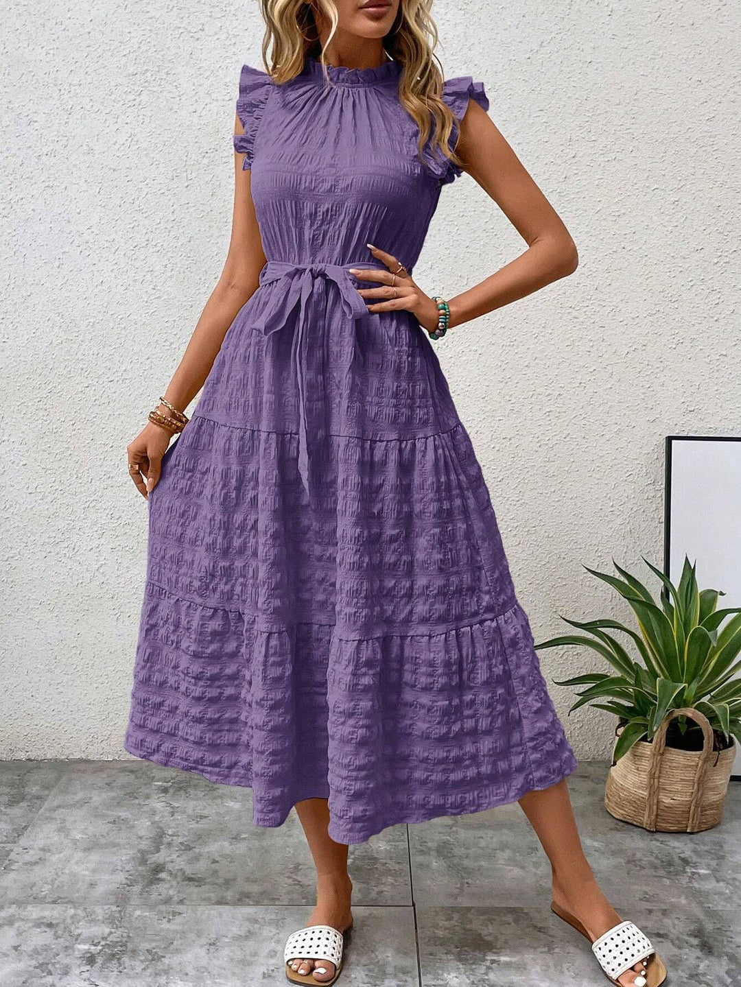 Damen Midikleid mit Stehkragen, Rüschenärmeln und Taillengürtel Shop Nory