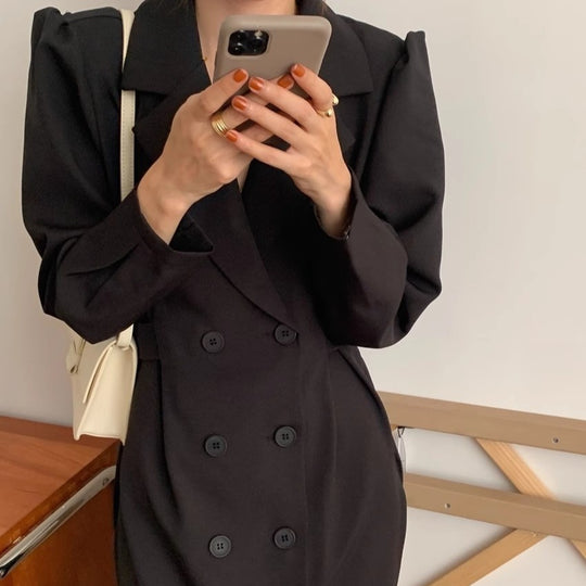 Damen Tailliertes Doppelreihiges Blazerkleid mit Puffärmeln und verlängertem Revers Shop Nory