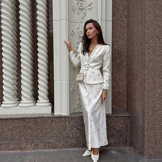 Damen Zweiteiliges tailliertes Blusen- und Maxirock-Set mit V-Ausschnitt und Knopfdetails Shop Nory