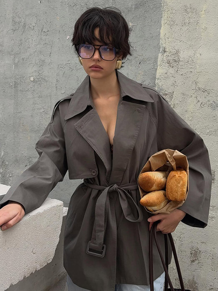 Damen Kurztrenchcoat mit Bindegürtel und Oversize-Ärmeln Shop Nory