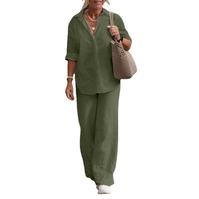 Damen Leichtes Leinen-Optik Zweiteiler mit Oversize-Hemd und weiter Palazzohose Shop Nory