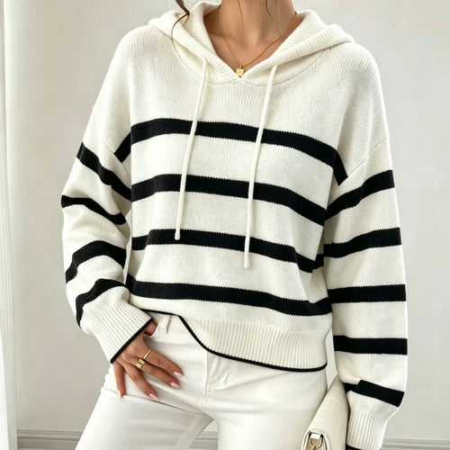 Damen Kapuzen-Strickpullover im Maritim-Look mit geripptem Saum und relaxed Fit Shop Nory