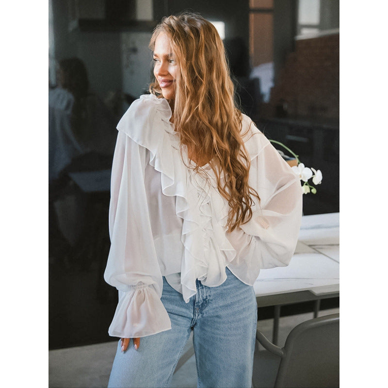 Damen Luftige Rüschenbluse aus Chiffon mit Oversize-Schnitten Shopnory