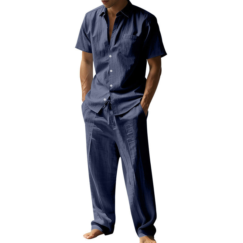 Herren nan resort-taugliches Kurzarm-Hemd mit Brusttasche und lässiger Leinen-Kordelhose