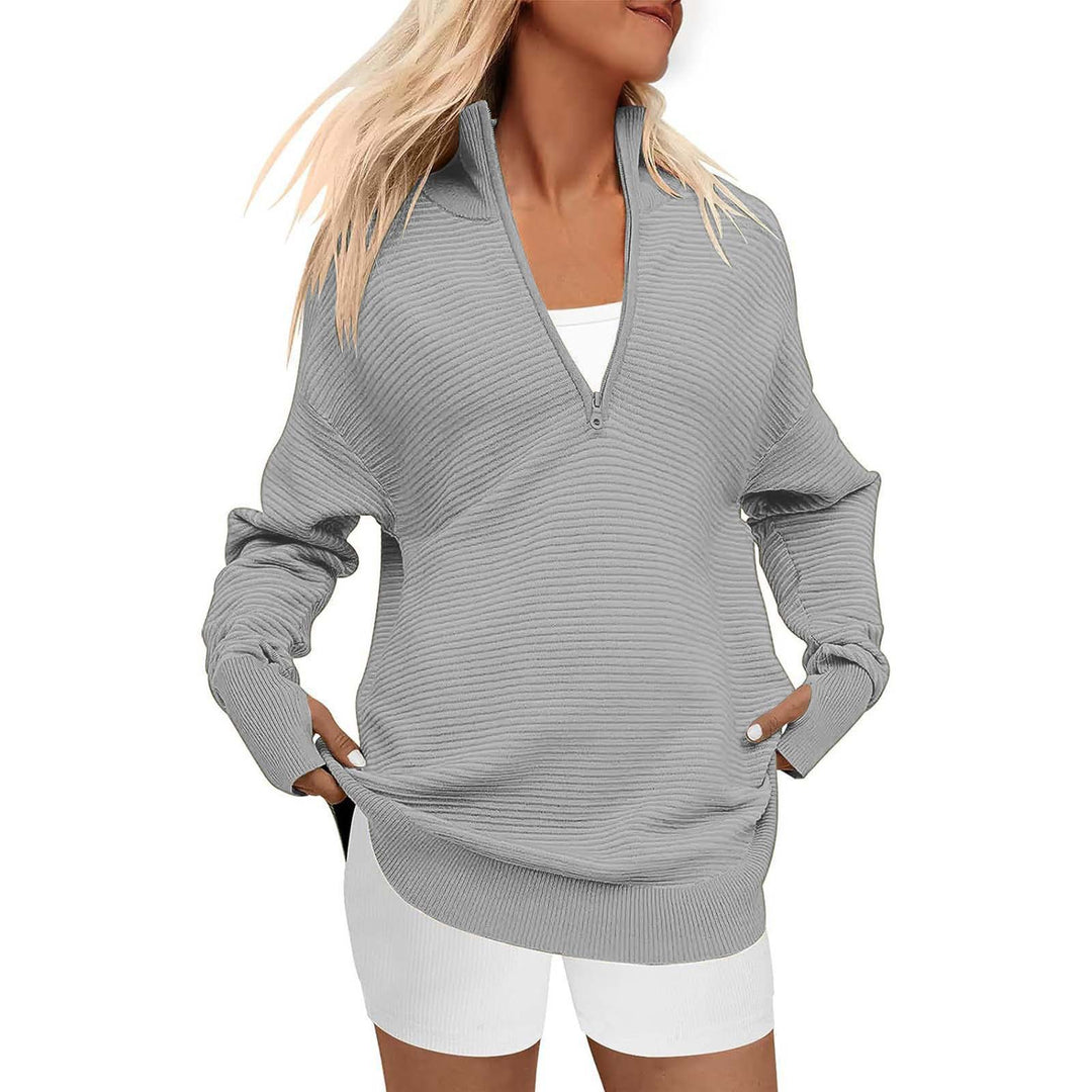 Damen Oversize-Feinstrickpullover mit halbem Reißverschluss, Stehkrragen und Daumenloch-Ärmeln Shop Nory