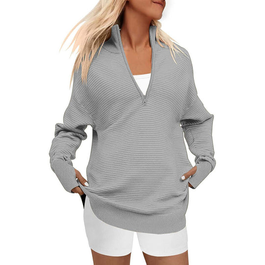 Damen Oversize-Feinstrickpullover mit halbem Reißverschluss, Stehkrragen und Daumenloch-Ärmeln Shop Nory