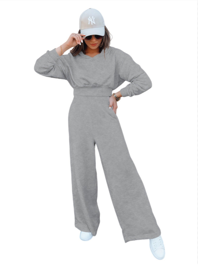 Damen Loungewear-Set mit Cropped V‑Ausschnitt-Pullover und hochtaillierter Palazzohose Shop Nory