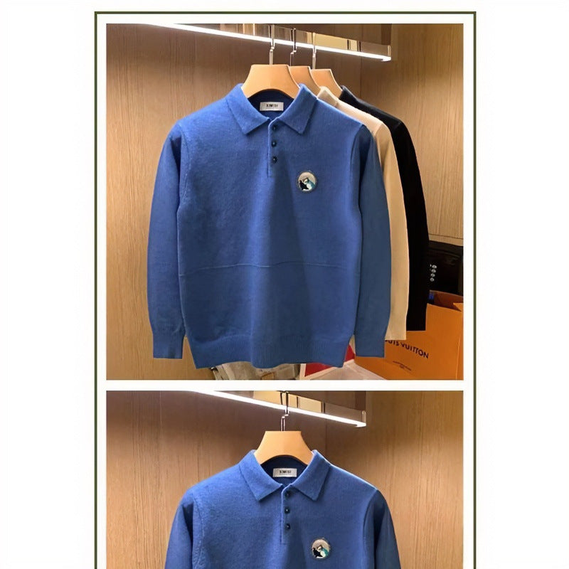 Herren Polokragen-Pullover aus weichem Flauschstrick mit Logo‑Patch Shop Nory