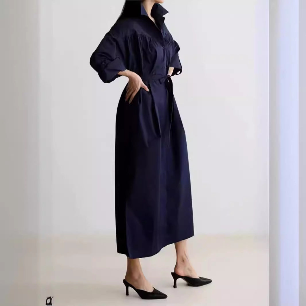Damen Langärmliges Hemdblusen‑Maxikleid mit strukturierter Schulterpasse und Bindegürtel Shop Nory