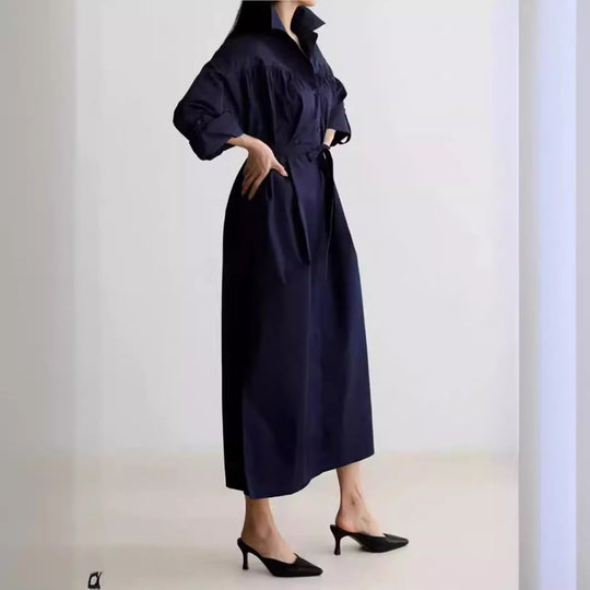 Damen Langärmliges Hemdblusen‑Maxikleid mit strukturierter Schulterpasse und Bindegürtel Shop Nory