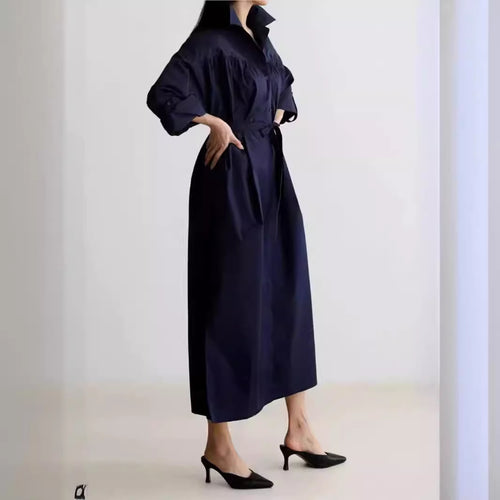 Damen Langärmliges Hemdblusen‑Maxikleid mit strukturierter Schulterpasse und Bindegürtel Shop Nory