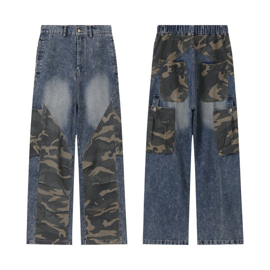 Damen Weite High‑Waist Denim‑Cargohose mit Camouflage‑Einsätzen Shop Nory
