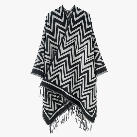 Damen Rechteckiger Zickzack‑Wollmix‑Überwurf mit Fransensaum und offenem Fall Shop Nory