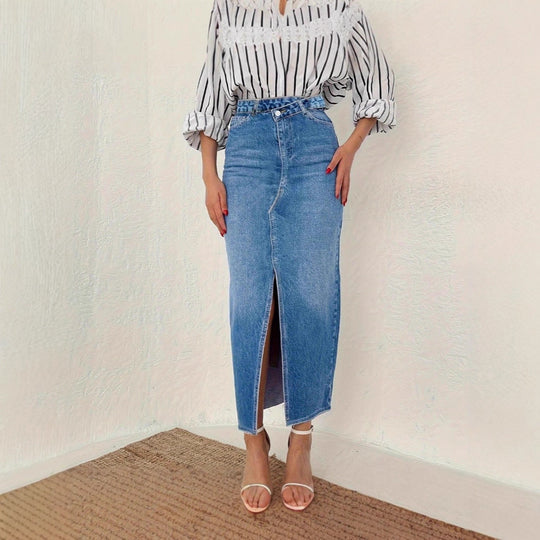 Damen Retro-inspirierter High-Waist Denim-Midirock mit zentralem Frontschlitz und figurbetonter Silhouette Shop Nory