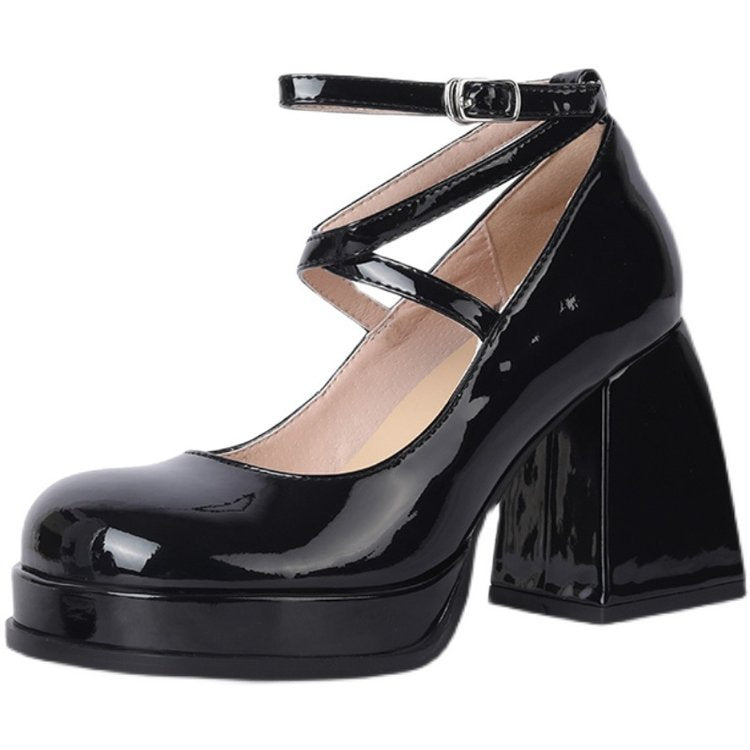 Damen elegante Hochglanz-Pumps mit verstellbarem Riemen und stabiler Sohle