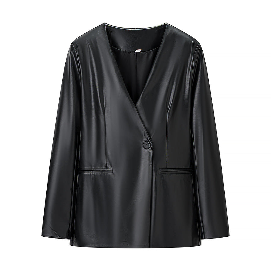 Damen Figurnaher Blazerjacke in Lederoptik mit Single‑Button und konturierenden Abnähern Shop Nory