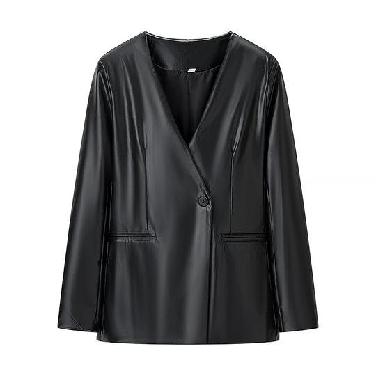 Damen Figurnaher Blazerjacke in Lederoptik mit Single‑Button und konturierenden Abnähern Shop Nory