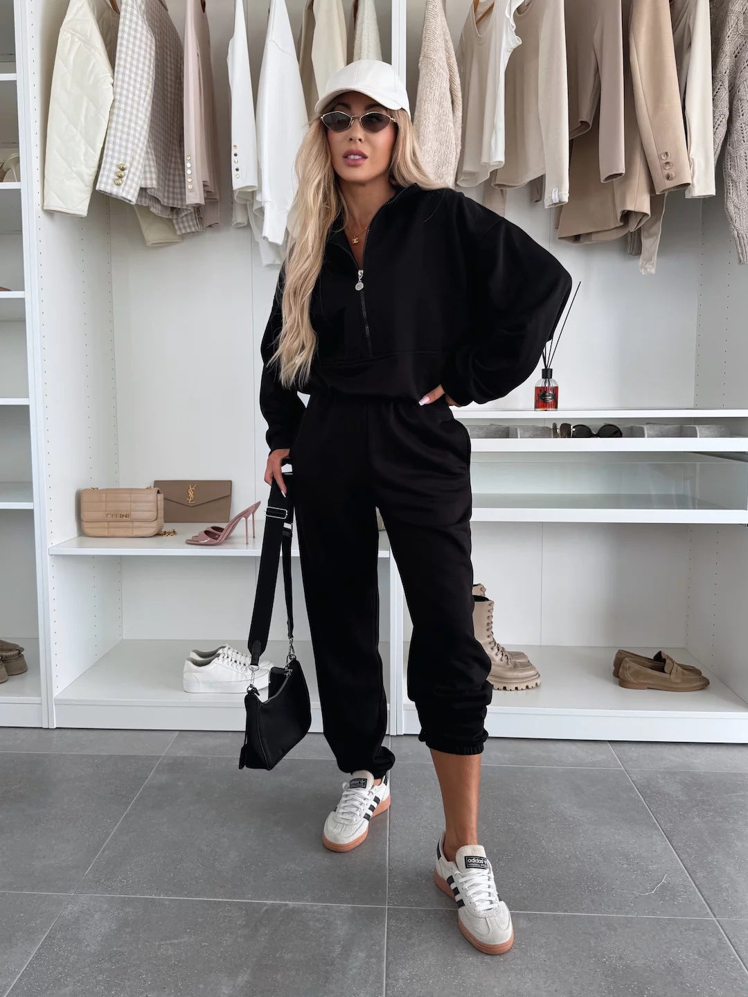 Damen kuscheliger Freizeit-Jogginganzug mit halbem Reißverschluss, Kängurutasche und elastischen Bündchen Shop Nory