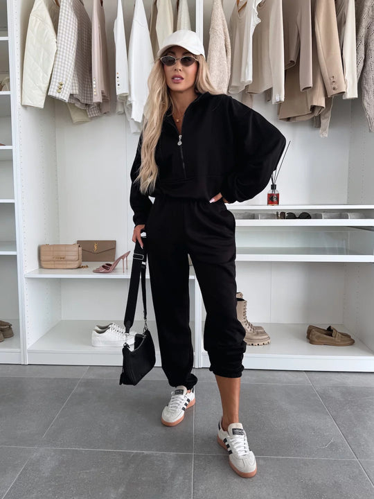 Damen kuscheliger Freizeit-Jogginganzug mit halbem Reißverschluss, Kängurutasche und elastischen Bündchen Shop Nory