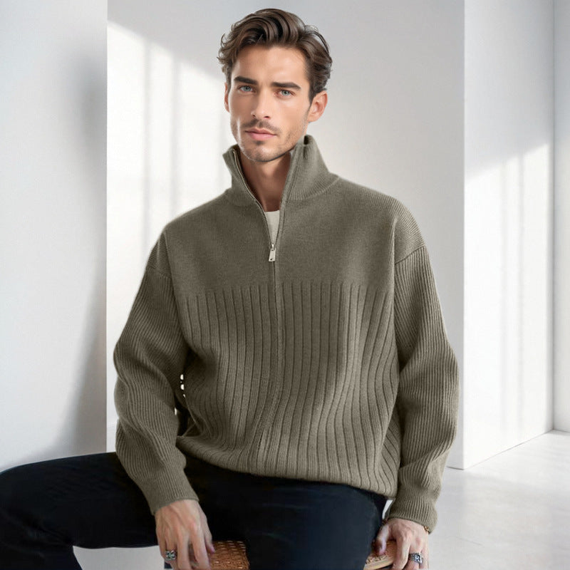 Herren Halbzip-Strickpullover mit hohem Stehkragen und breitem Rippenmuster Shop Nory