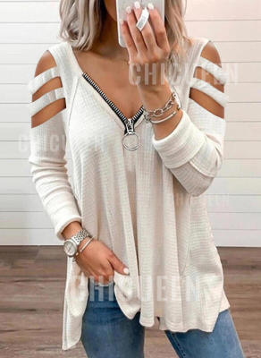 Damen lässiges Oberteil mit modischen Cut-Out-Details und Reißverschluss Shopnory