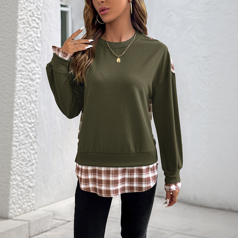 Damen Lässiges Rundhals-Sweatshirt mit Karomuster‑Einsätzen und gerafften Manschetten Shop Nory