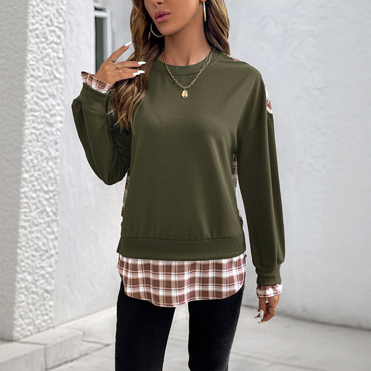 Damen Lässiges Rundhals-Sweatshirt mit Karomuster‑Einsätzen und gerafften Manschetten Shop Nory
