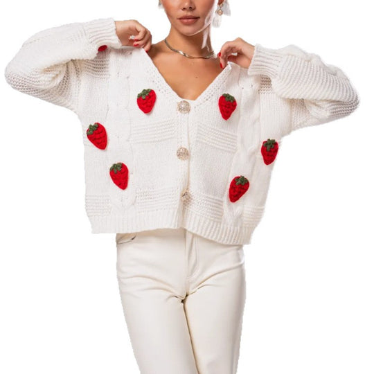 Damen Kurzgeschnittene Strickjacke mit V‑Ausschnitt und gehäkelten Erdbeerapplikationen Shop Nory