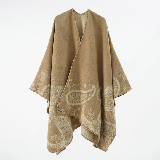 Damen Feines Woll-Cape im Überwurfstil mit kontrastierender Border-Jacquard Shop Nory