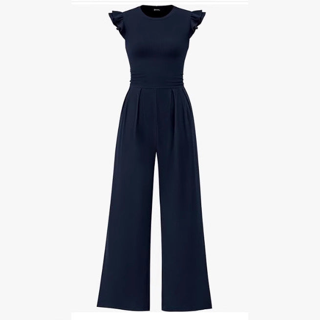 Damen eleganter Jumpsuit mit Puffärmeln und weitem Bein