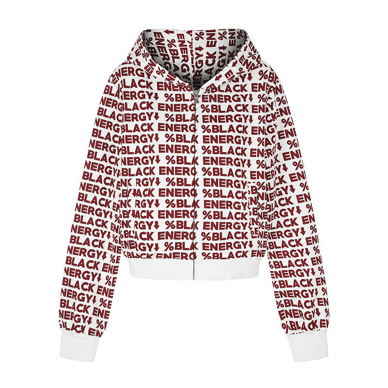 Damen kurze Zip-Kapuzenjacke mit Allover-Logoprint und elastischem Rippenbund Shop Nory