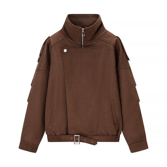 Damen Oversize-Bomberjacke im Velourslook mit hohem Stehkragen und Taillengürtel Shop Nory
