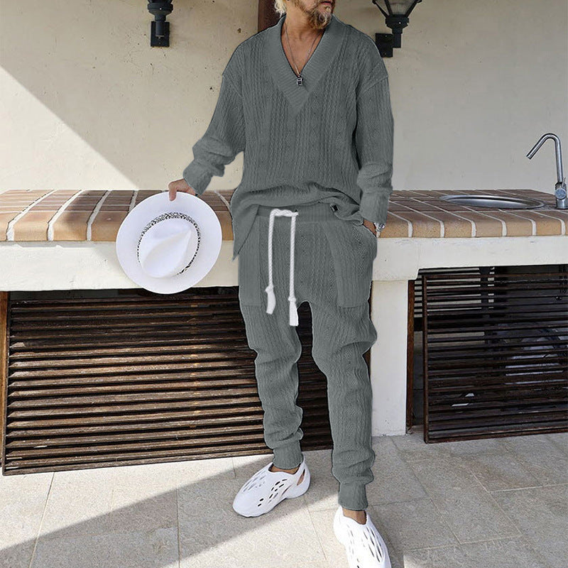Herren Strukturiertes Strick-Loungewear-Set mit V-Ausschnitt und Tunnelzug-Jogginghose Shop Nory