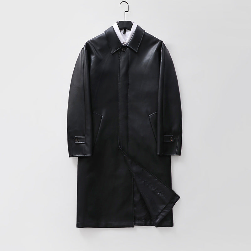 Herren langer minimalistischer Kunstleder-Mantel mit Hemdkragen, verdeckter Knopfleiste und geradem Schnitt Shop Nory