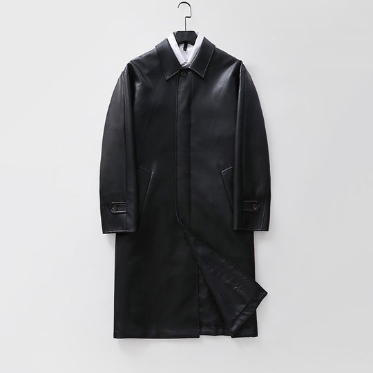 Herren langer minimalistischer Kunstleder-Mantel mit Hemdkragen, verdeckter Knopfleiste und geradem Schnitt Shop Nory