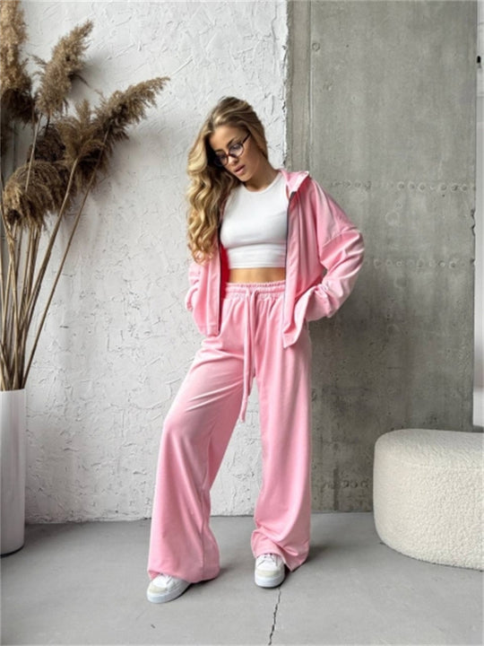 Damen weicher Velours-Trainingsanzug mit Kapuze, Reißverschluss und weitem Bein Shop Nory