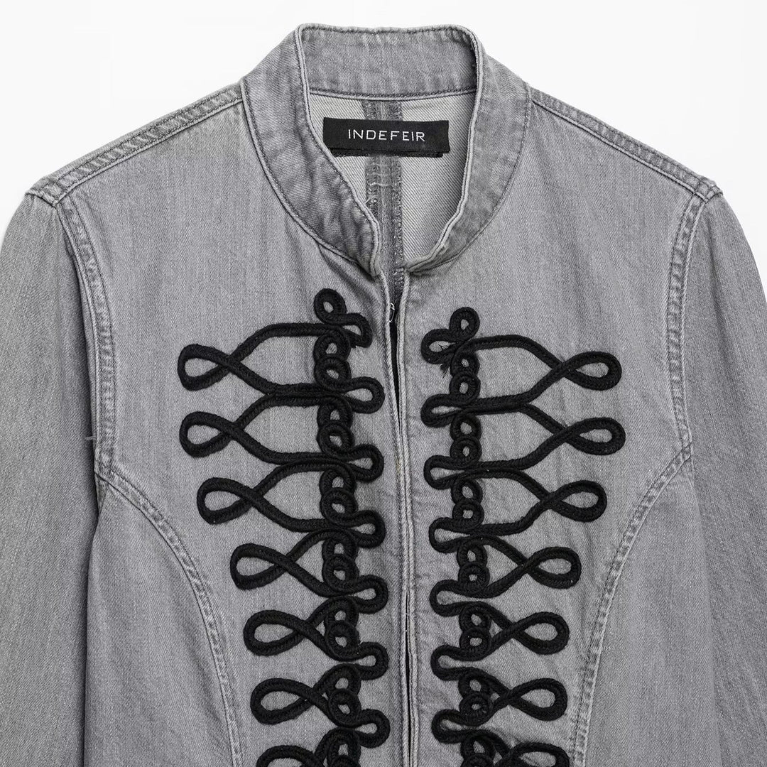 Damen Jeansjacke mit militärischer Kordelapplikation und Stehkragen Shop Nory