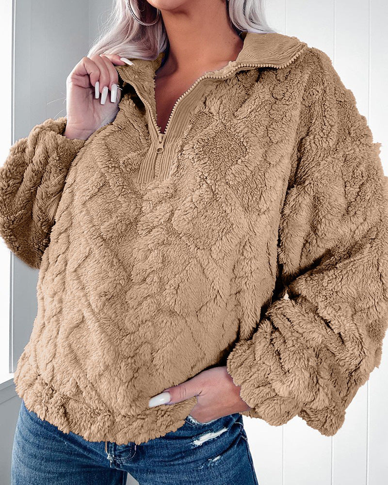 Damen nan Plüsch-Sherpa-Pullover mit halbem Reißverschluss, Stehkragen und oversized Silhouette Shop Nory