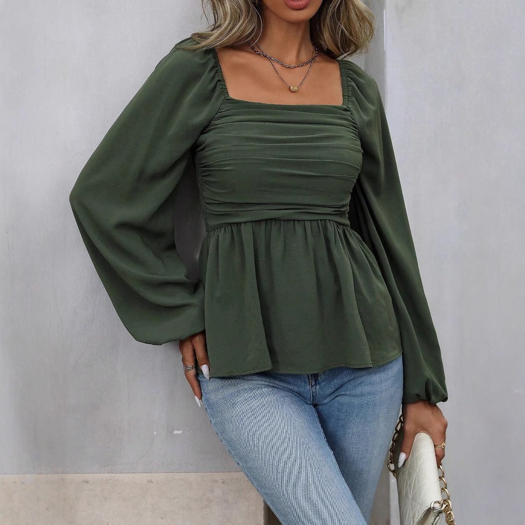 Damen geraffte Schößchenbluse mit quadratischem Ausschnitt und Ballonärmeln Shop Nory