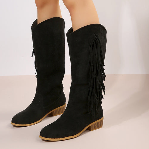 Damen knielange Wildlederimitat-Stiefel mit langen Fransen, mittlerem Blockabsatz und gepolstertem Komfortfußbett Shop Nory