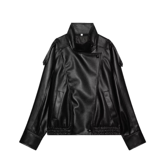 Damen Kurzjacke im asymmetrischen Biker‑Trenchstil aus veganer Lederoptik mit hohem Stehkragen Shop Nory