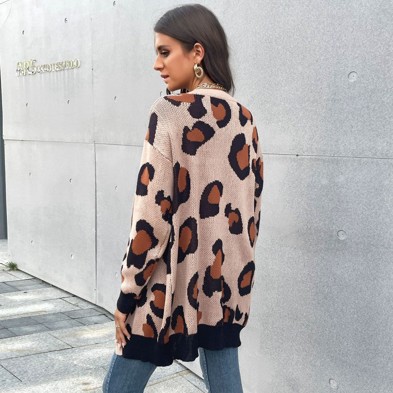 Damen Longline Cardigan im Leo-Jacquard mit offener Front und Rippbündchen Shop Nory