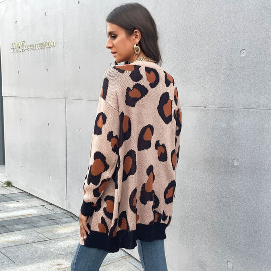 Damen Longline Cardigan im Leo-Jacquard mit offener Front und Rippbündchen Shop Nory