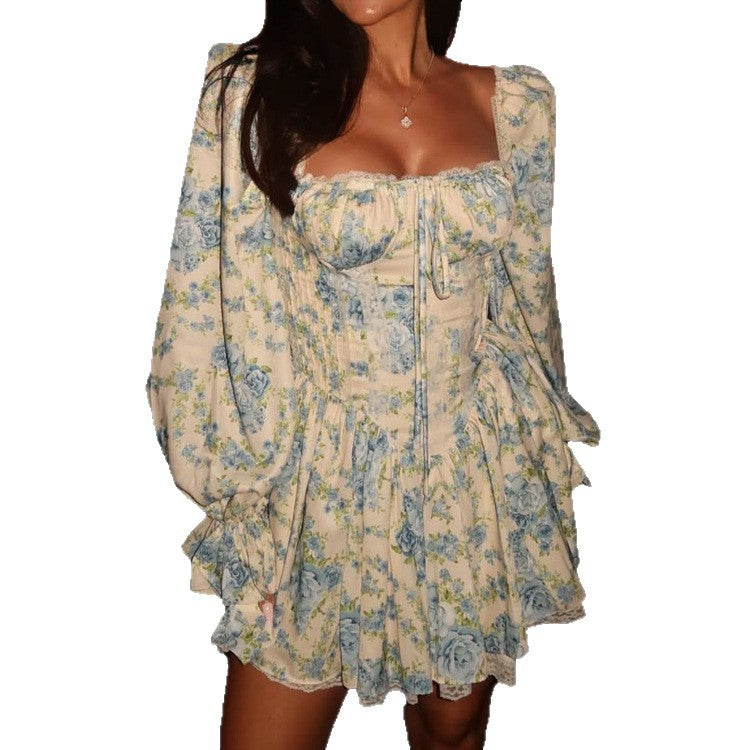 Damen Korsagen-Minikleid mit Puffärmeln, quadratischem Ausschnitt und stufigem Volantrock Shop Nory