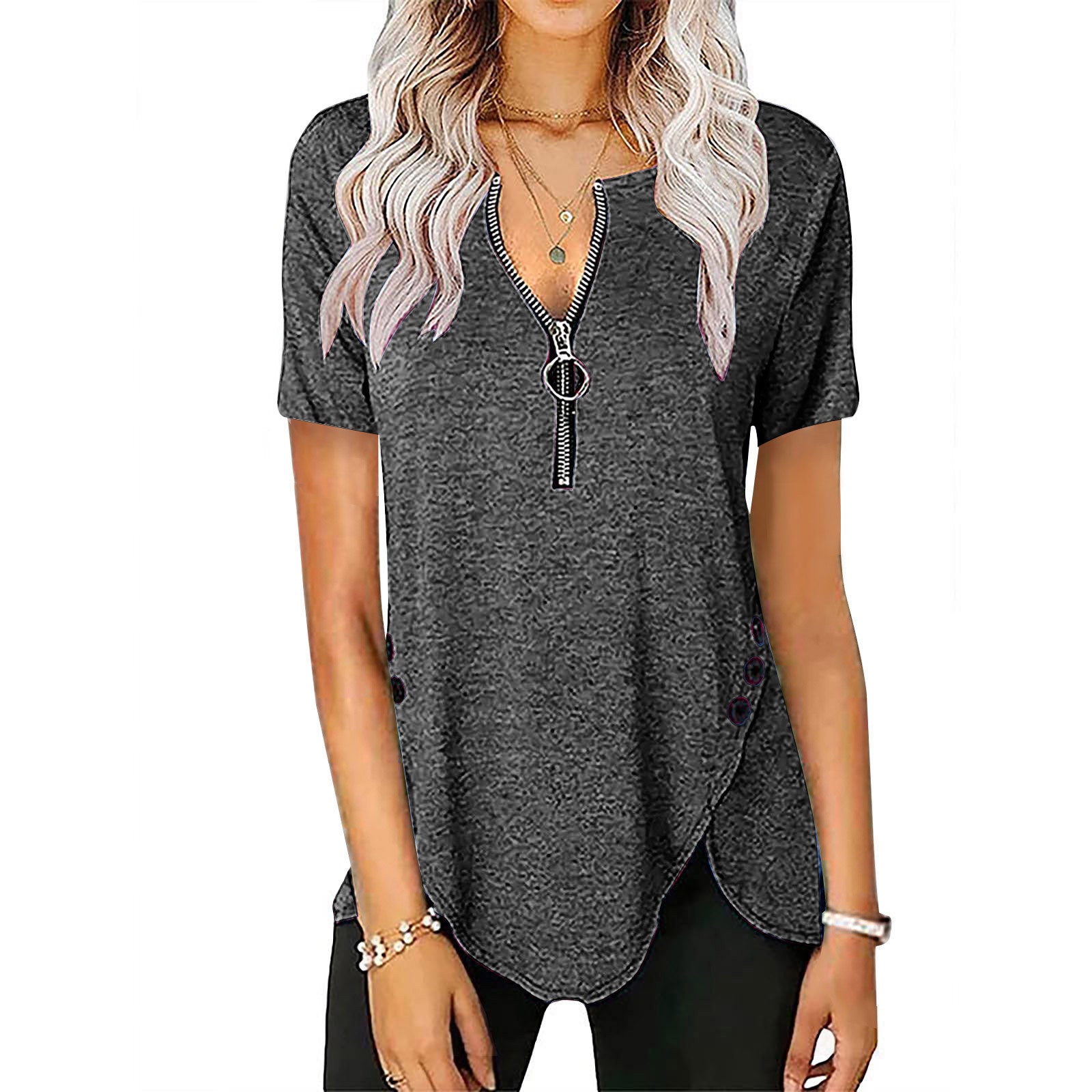 Damen Kurzarmshirt mit asymmetrischem Saum und Reißverschluss