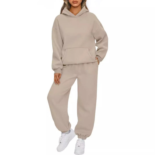 Damen nan gemütliches French-Terry Loungewear-Set mit doppellagiger Kapuze, Kängurutasche und elastischem Knöchel-Jogger Shop Nory