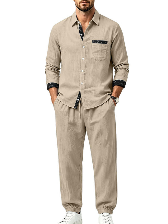 Herren Leichter Baumwoll-Loungewear-Zweiteiler mit Hemd und Kordel-Jogger Shop Nory