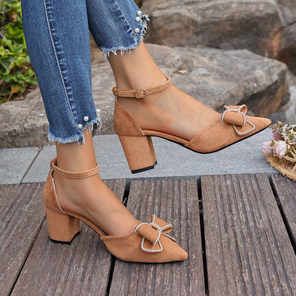 Damen Slingback-Pumps mit funkelndem Schleifenakzent und stabilem Blockabsatz