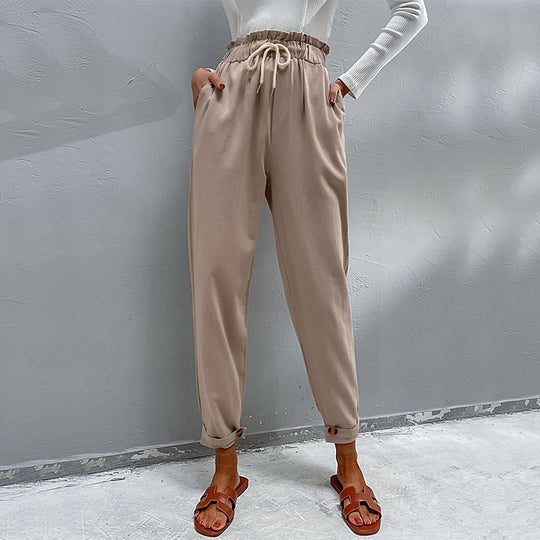 Damen Lässige Hose mit hohem Bund, Tunnelzug, Eingrifftaschen und konischer Beinform Shop Nory
