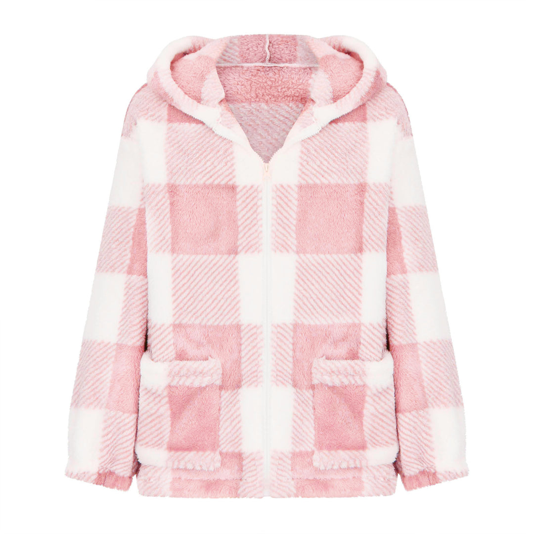 Damen nan dicke Karo-Teddyjacke mit Kapuze, Frontreißverschluss und aufgesetzten Taschen Shop Nory